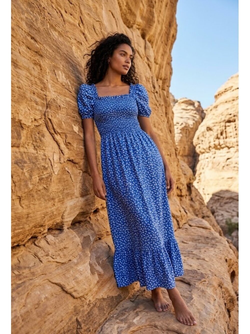 NWT Polo Ralph Lauren Floral Smocked Cotton Maxi in Navy Mini Flowers Dress XXS